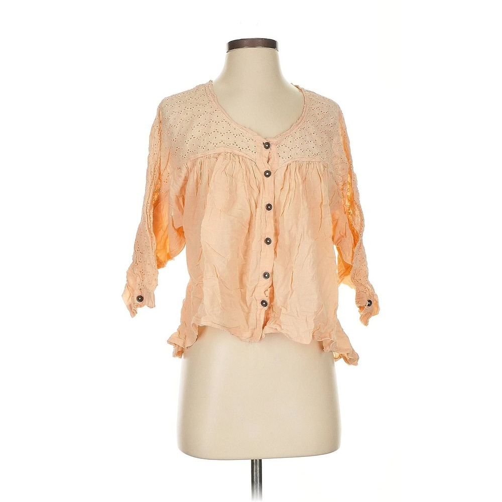 Free People‎ Eyelet Blouse Button Front Bohemian Top Peach XS